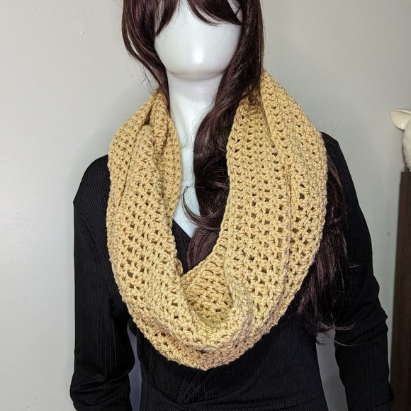 Hand Crafted Tan Lacey Square Crochet Infinity Scarf - Picture 3 of 3